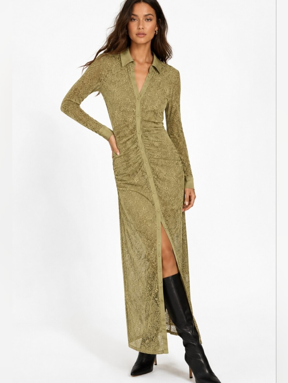 By Anthropologie Draped Long-Sleeve Midi Shirtdress Olive Green Size XS NWT